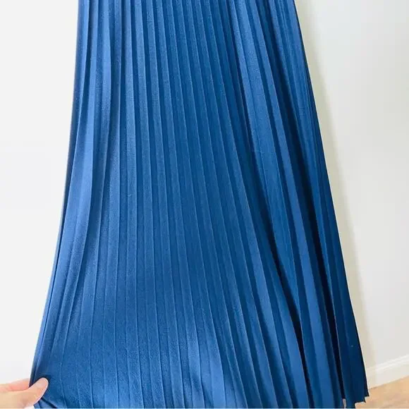 ASOS blue navy pleated tank cross wedding evening stretchy maxi dress 6 - Picture 5 of 9
